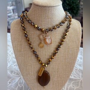 “Enough” Sparkly Double-Knotted Beaded Necklace with Oval Brown Agate Pendent.